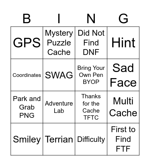 Geocaching 4x4 Bingo Card