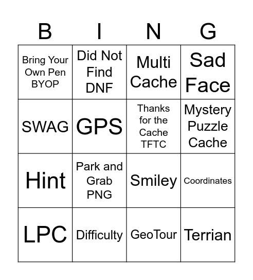 Geocaching Lingo Bingo Card