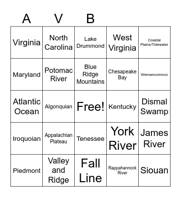 Virginia Geography Bingo Card
