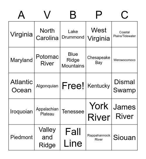 Virginia Geography Bingo Card