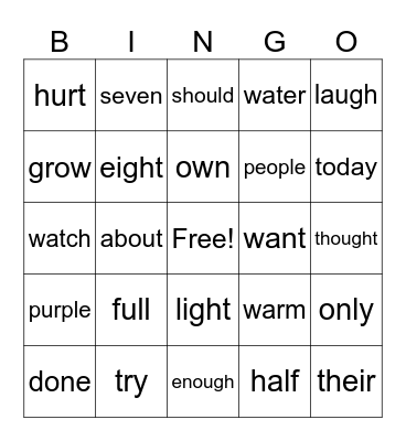 Lexia - Sight Words 5 Bingo Card