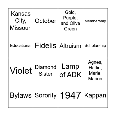 ADK Founder's Month Bingo Card
