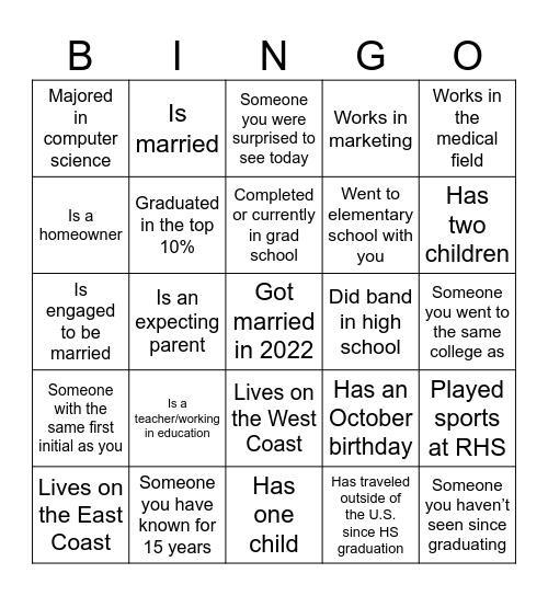 Class of '13 Reunion Bingo Card
