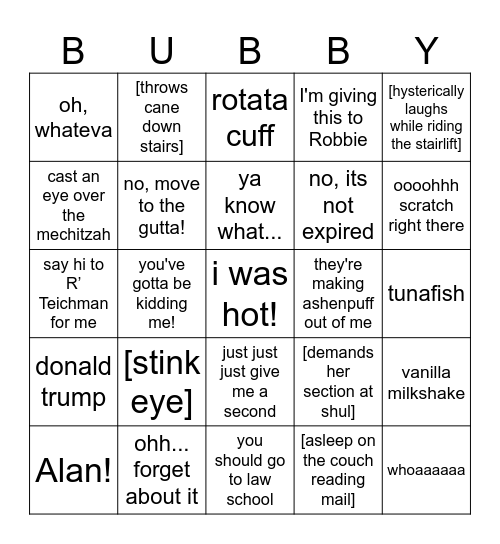 Bubby Bingo Card