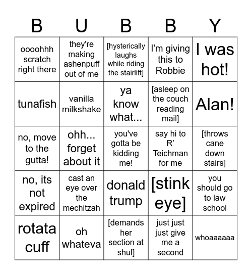 Bubby Bingo Card