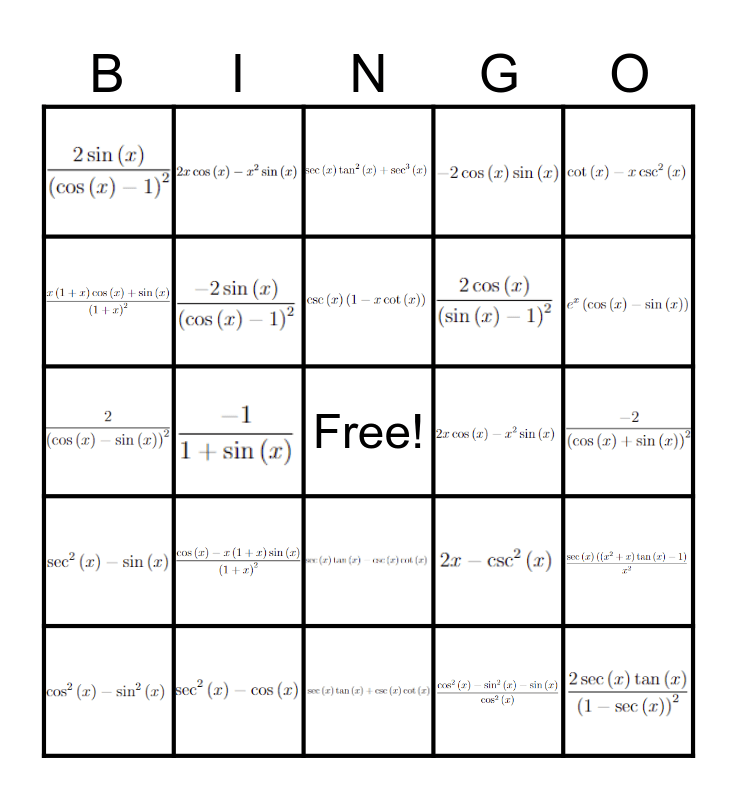 Trigonometric Derivatives Bingo Card
