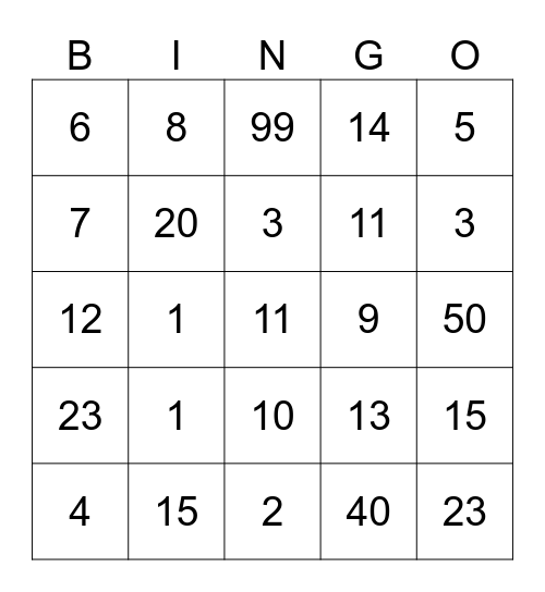 Number Bingo Card