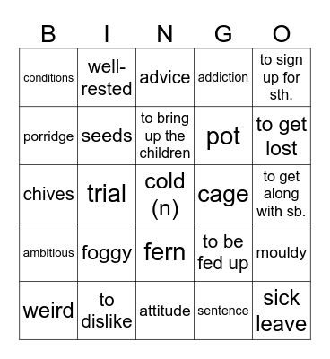 Vocabulary Revision - September Bingo Card