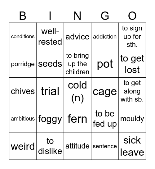 Vocabulary Revision - September Bingo Card