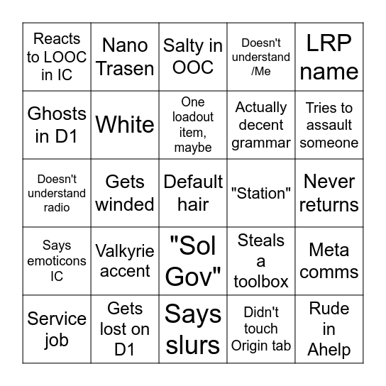 new player bingo (dont use to be mean pls) Bingo Card