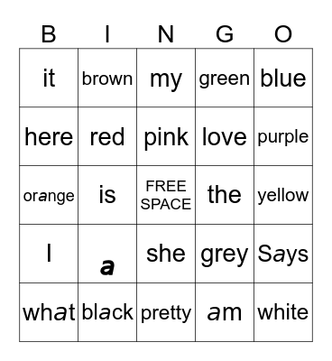 Sight Words Bingo Card