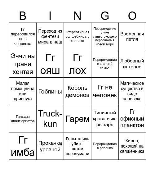 Isekai Bingo v. 1.0 Bingo Card