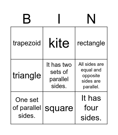 Quadrilaterals Bingo Card