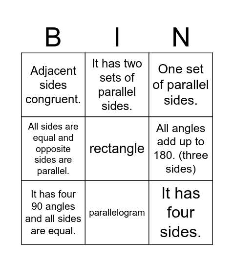 Quadrilaterals Bingo Card