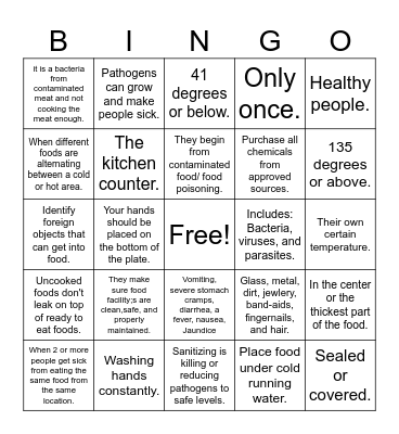 Food Safety Bingo Card