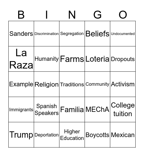 Chicano Bingo  Bingo Card