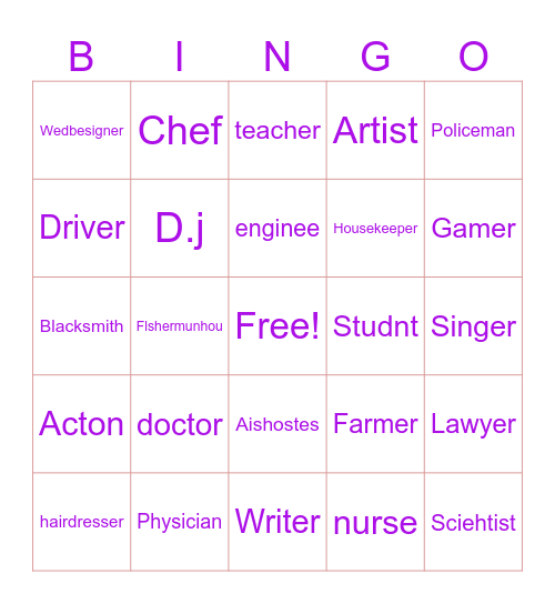 Occupation bingo Card