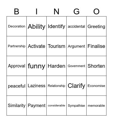 B2 Suffixes Bingo Card