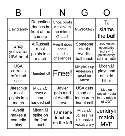 USA mens OQT Bingo Card