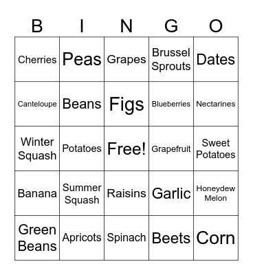 TOPS Fruit/Vegetable Bingo Card