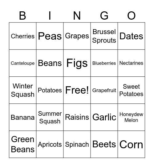 TOPS Fruit/Vegetable Bingo Card