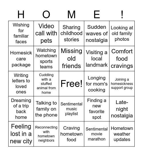 Homesickness Bingo Card