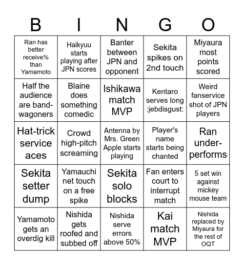 Japan mens OQT 2023 Bingo Card