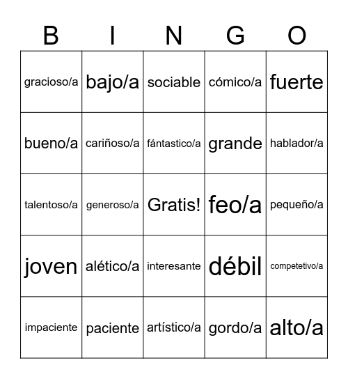 Adjetivos Bingo Card