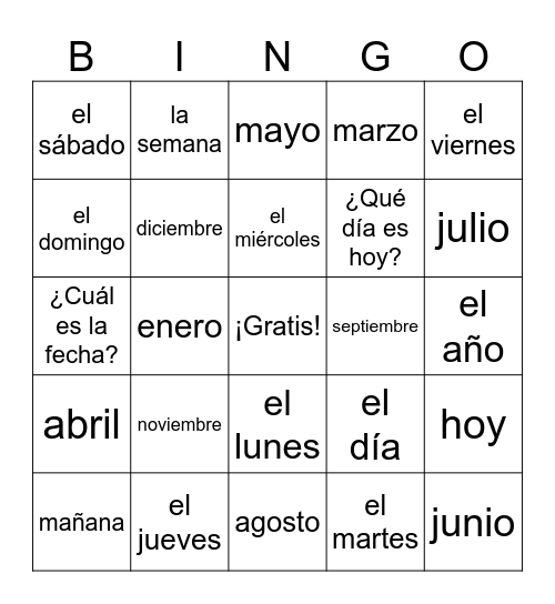 Days and Months Bingo Card