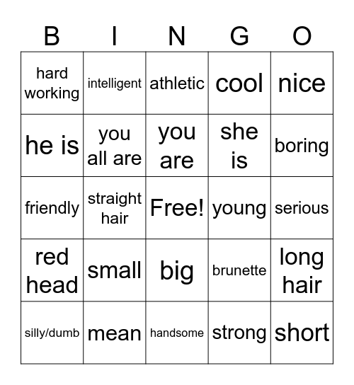 adjectives Bingo Card