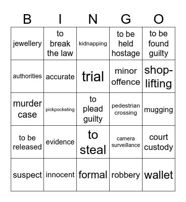 Crime Vocabulary Bingo Card