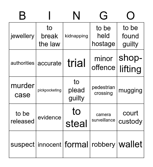 Crime Vocabulary Bingo Card