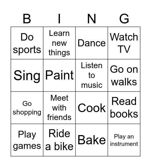 Hobbies Bingo Card