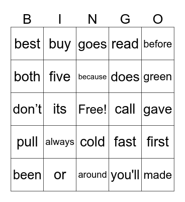 sight words Bingo Card