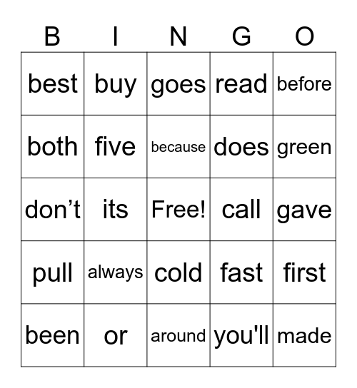 sight words Bingo Card