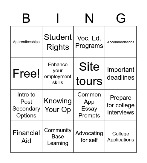 Post-Secondary Counseling Bingo Card