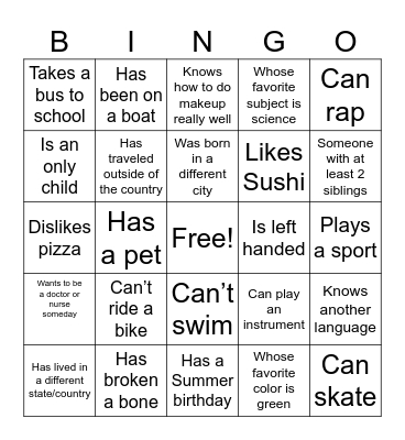 Get to Know You Bingo Card