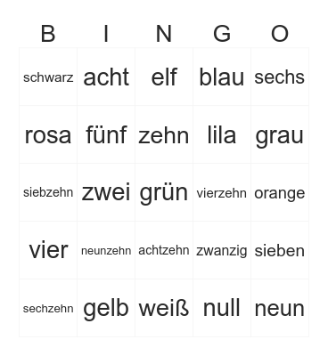 IWL - Numbers/Colors (German) Bingo Card