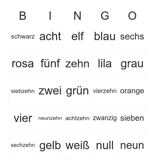 IWL - Numbers/Colors (German) Bingo Card