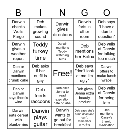 Deb and Darwin Bingo Card