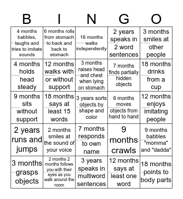 Child Development Bingo Card