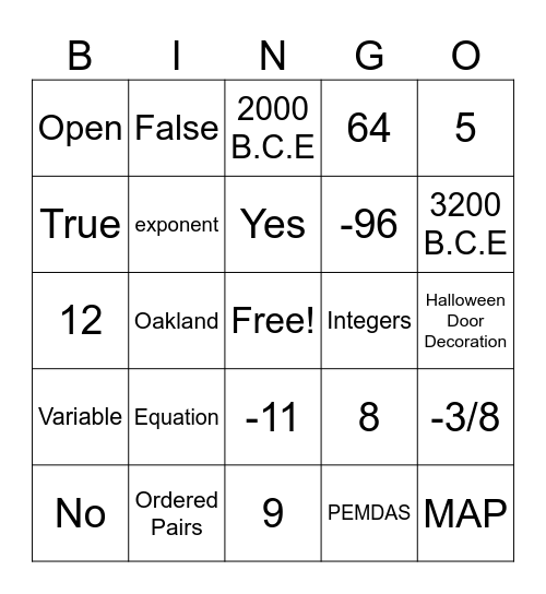 Math Bingo 9/29/29 Bingo Card
