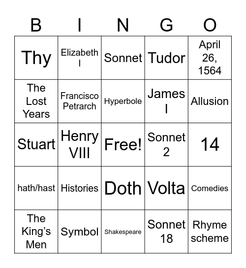 Sonnet Bingo Card