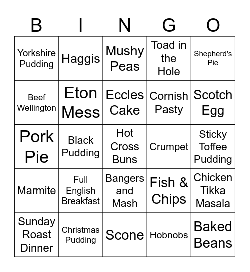 Traditional UK Dishes Bingo Card