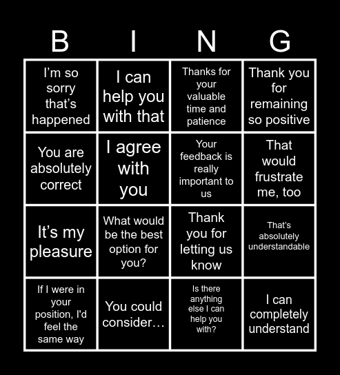 Empathy statements for contact centres BINGO Card