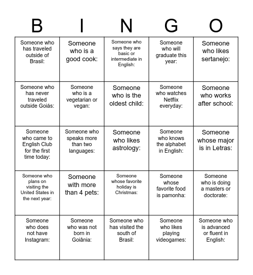 English Club UFG Bingo Card