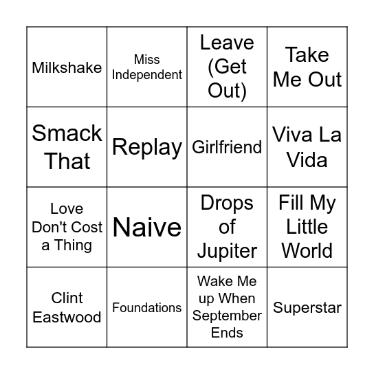 2000s Music Bingo Round 2 Bingo Card