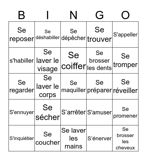 Le Bingo des Verbes Réfléchis Bingo Card