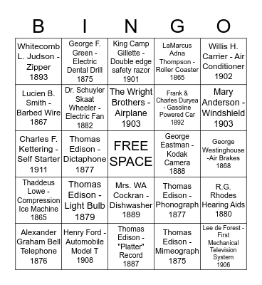 American Inventions  Bingo Card