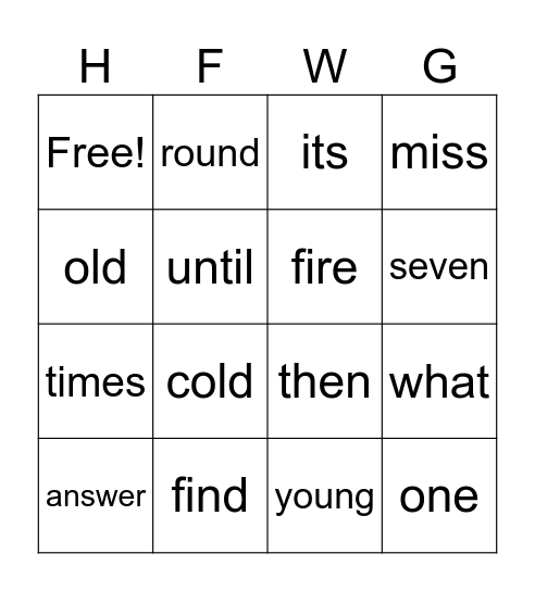 HFW Bingo Card